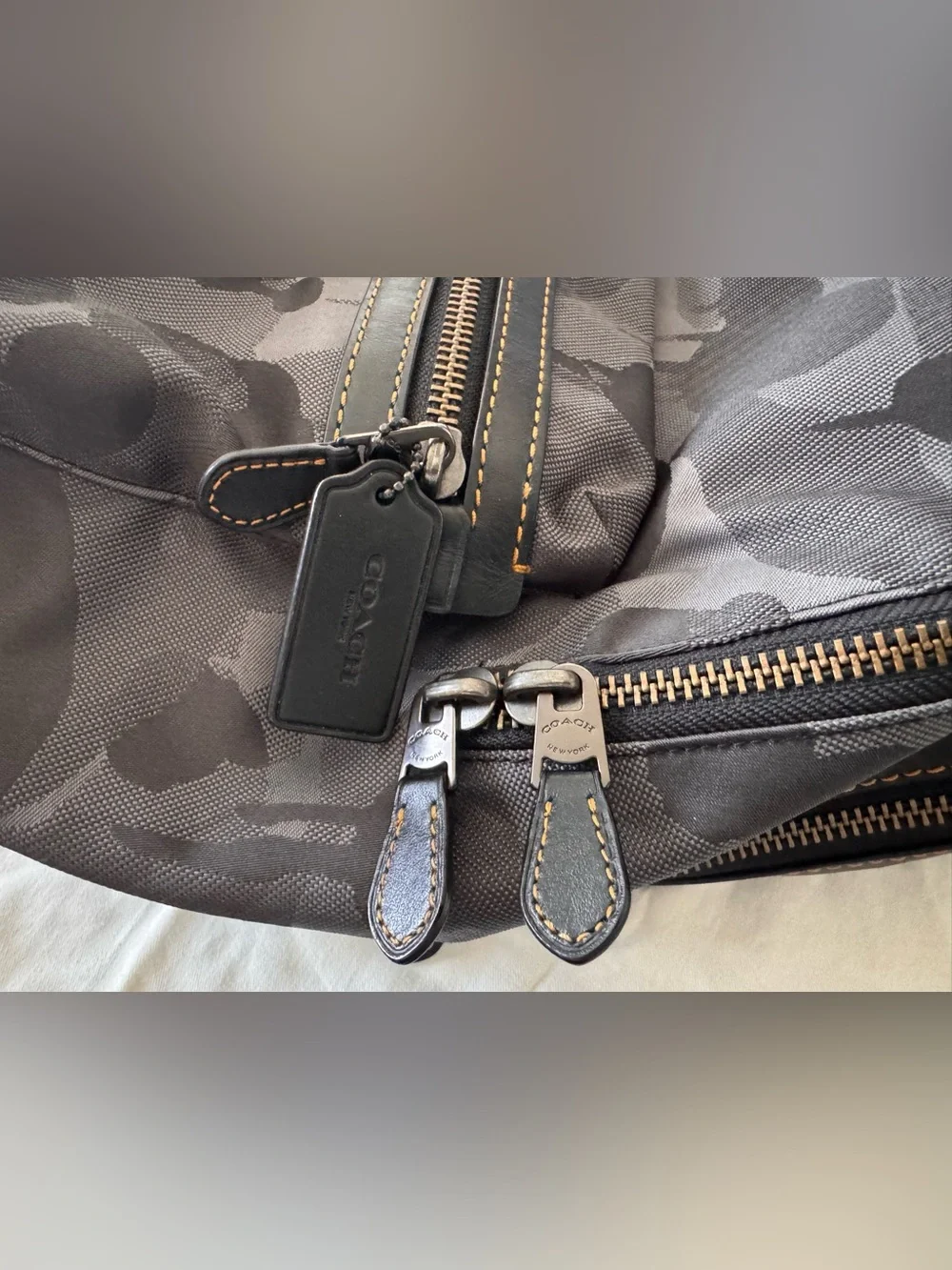 Coach men's Academy canvas backpack with black and grey camo